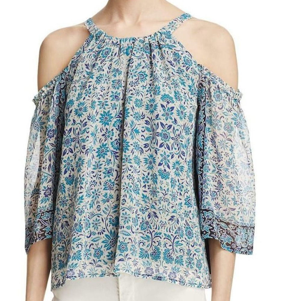 Beltaine Blue Floral Cold Shoulder Chiffon Tunic Blouse L